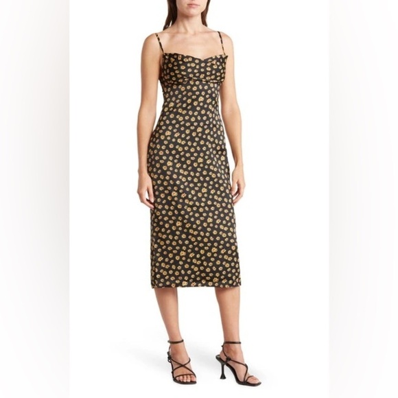 EUC WEWOREWHAT COWL SATIN CHARMEUSE MIDI DRESS IN BLACK MULTI DAISY FLORAL - Picture 1 of 10
